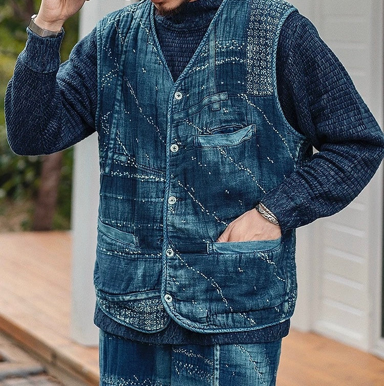 Indigo Dye Sashiko Boro Patchwork Vest