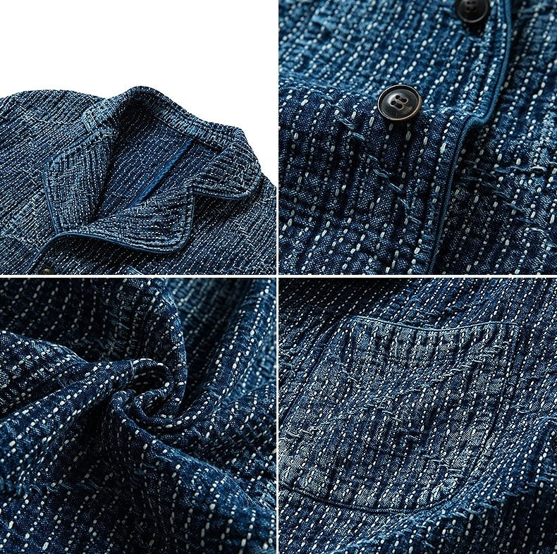 Indigo Dye Sashiko Blazer Casual Jacket - Mid Blue