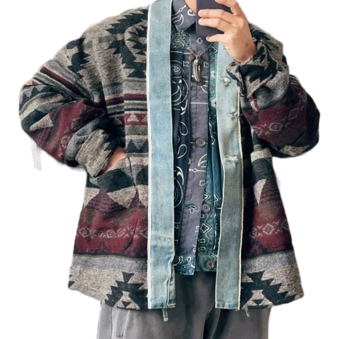 Grey Denim Distressed Folk Kimono Jacket