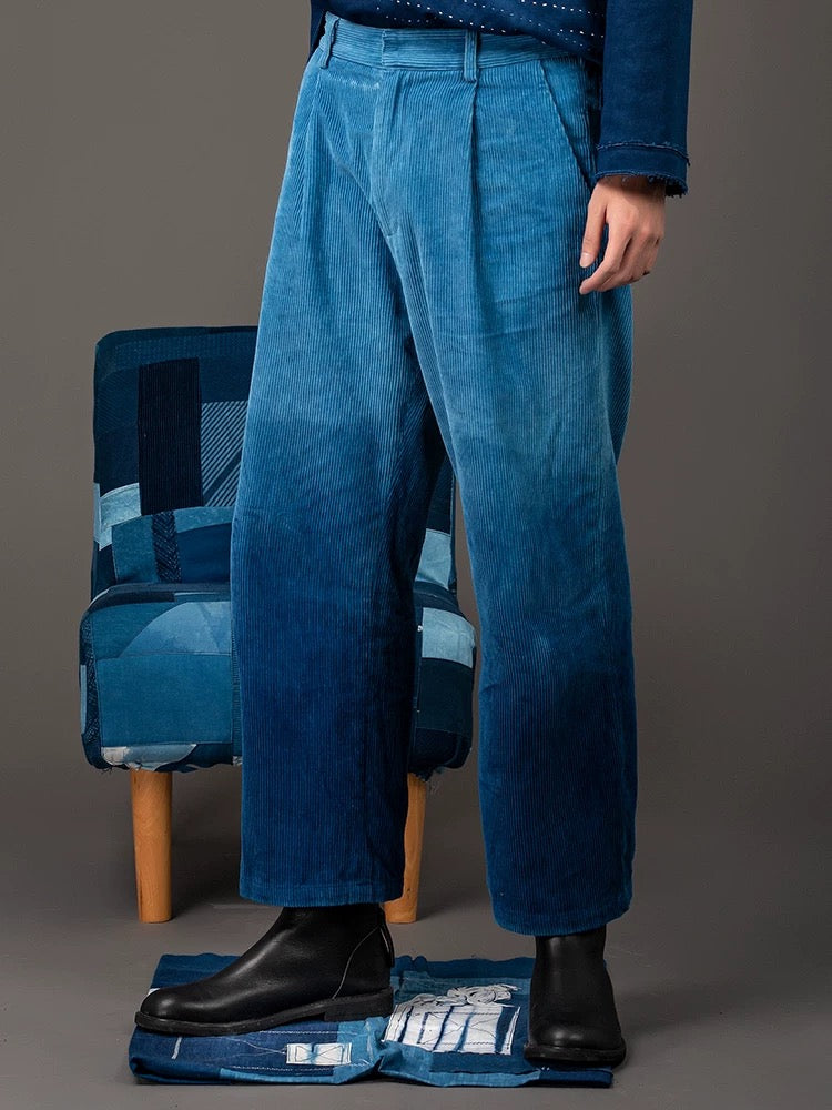 Indigo Dip Dye Faded Corduroy Pants