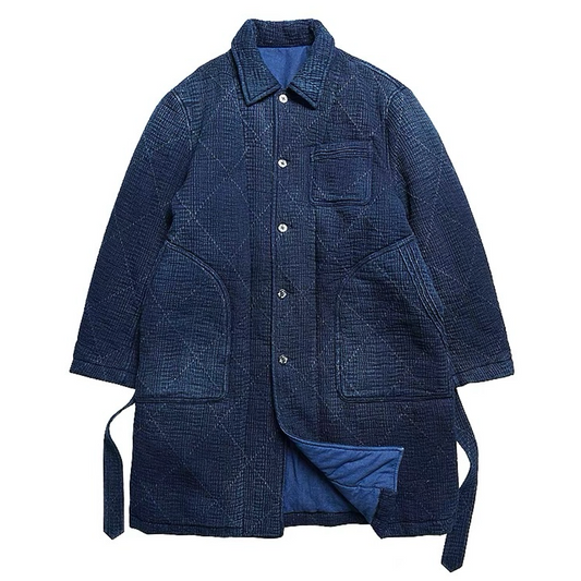 Indigo Dye Patchwork Sashiko Long Padded Coat