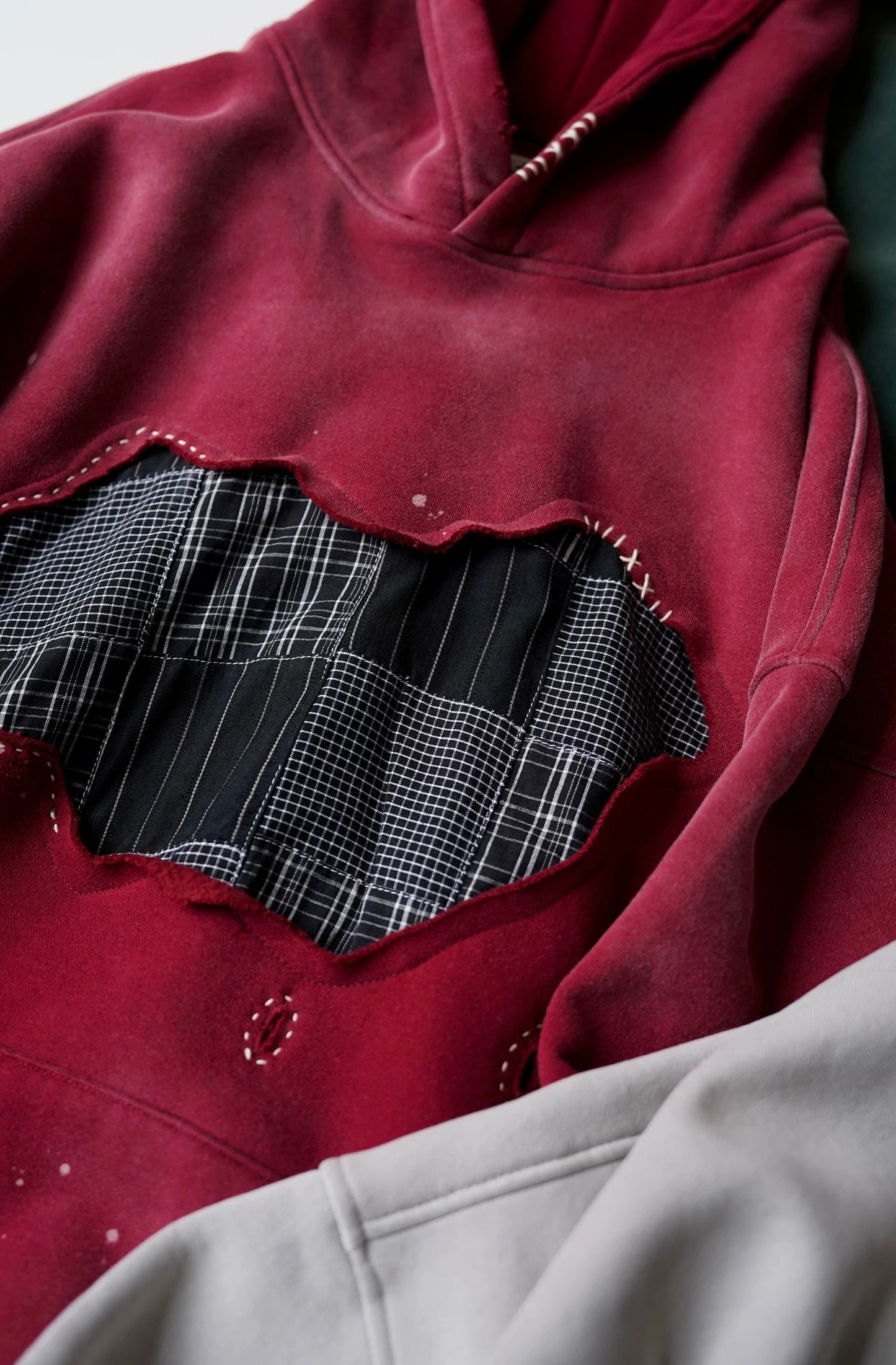 Red Sashiko Map Patchwork Hoodie
