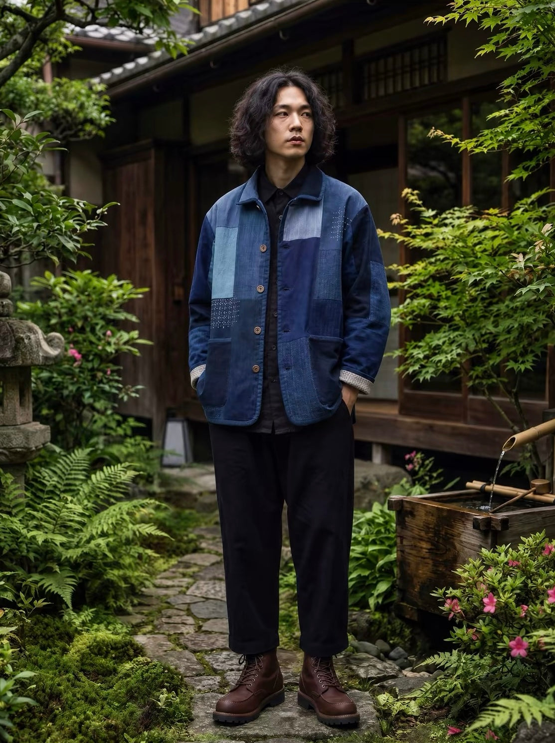 Indigo Dye Boro Patchwork Sashiko Chore Jacket