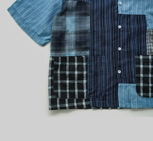 Indigo Dye Patchwork Aloha Shirt