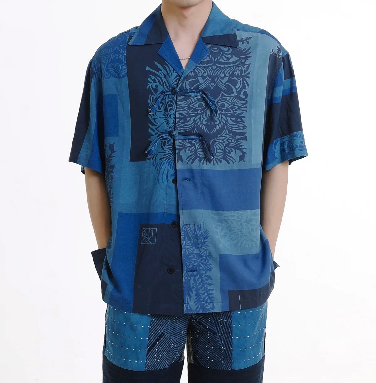 Indigo Dye Folk Loycell Aloha Shirt