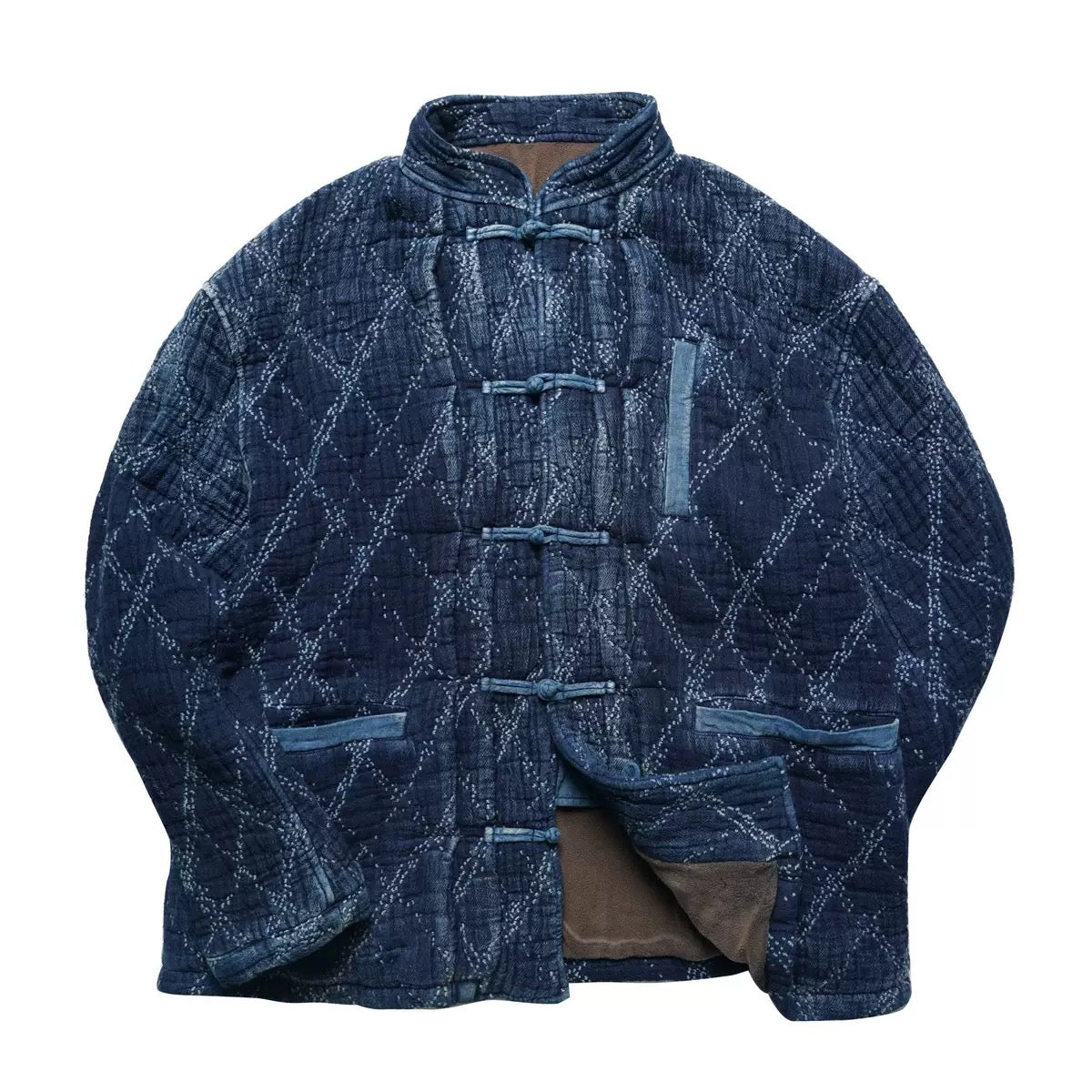 Indigo Dye Heavyweight Checked Sashiko Chinese Coat