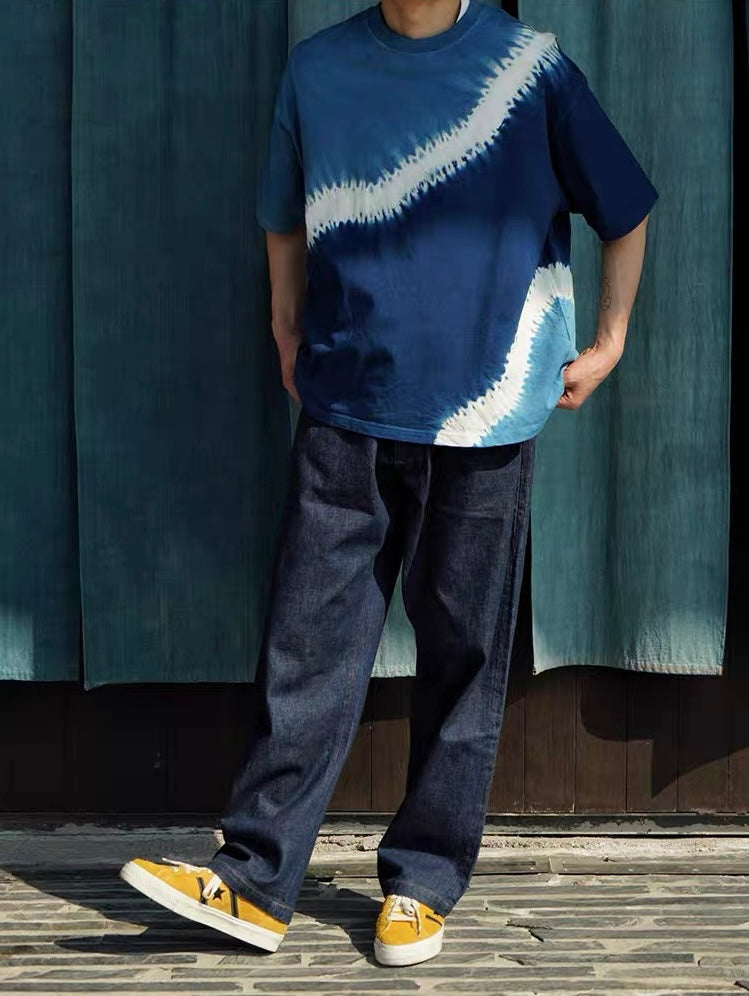 Indigo Shibori Wave Diagonal Tie Dye Tee