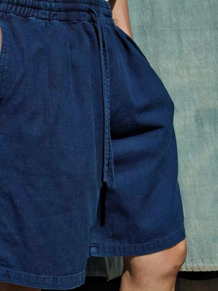 Botanical Indigo Pleated Easy Shorts