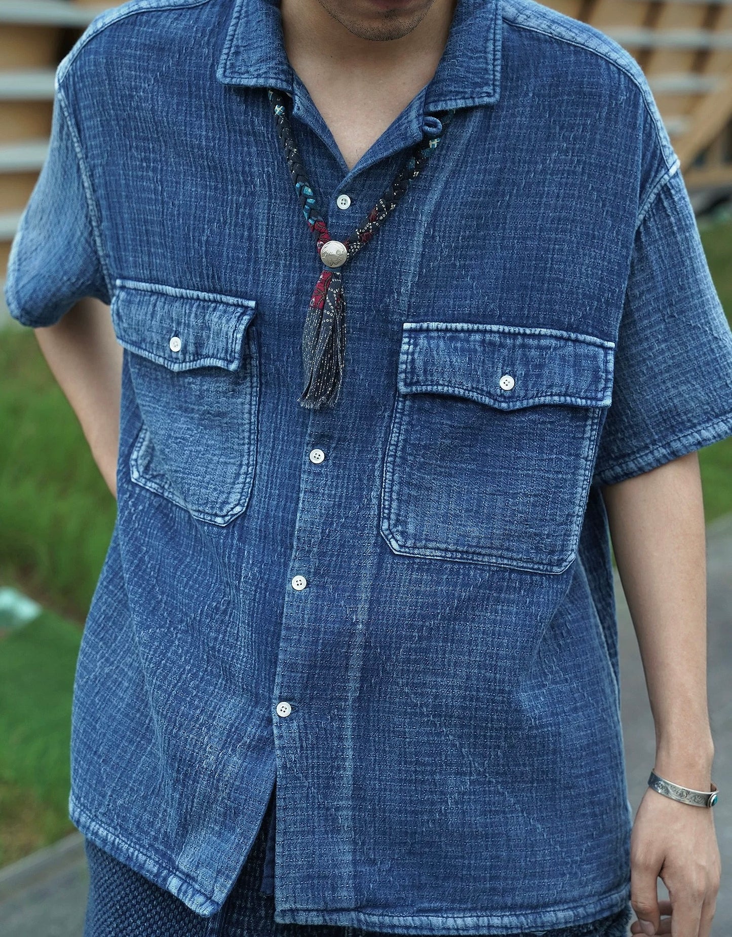 Indigo Dye Sashiko Retro Aloha Shirt