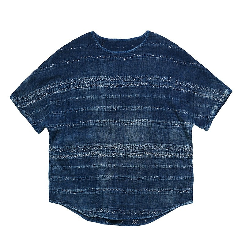 Indigo Dye Sashiko Striped T-Shirt