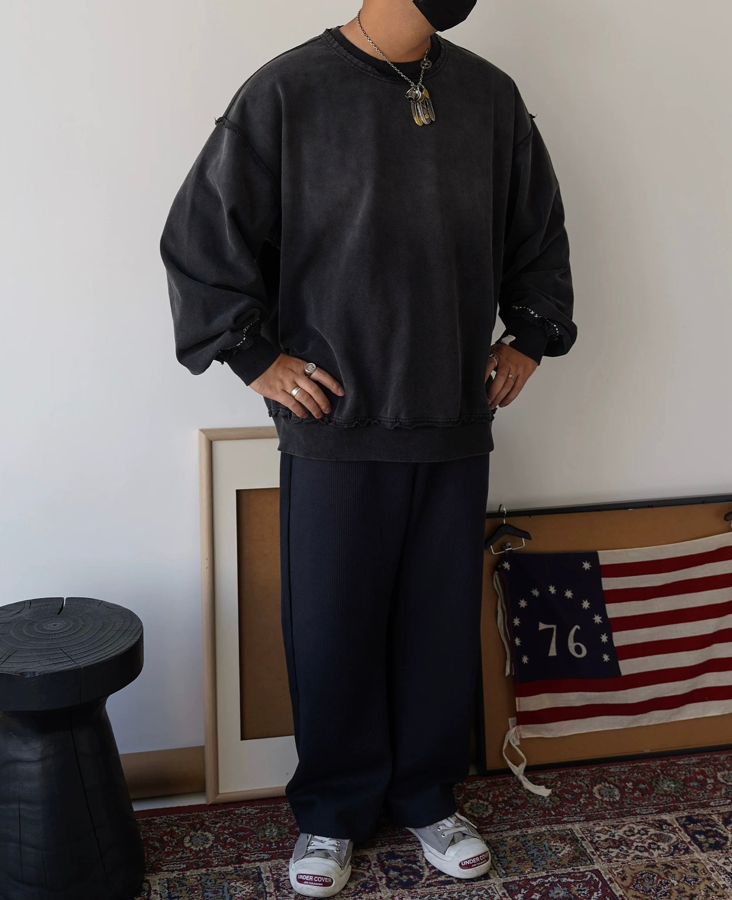 Black Sashiko Distressed Sweatshirt