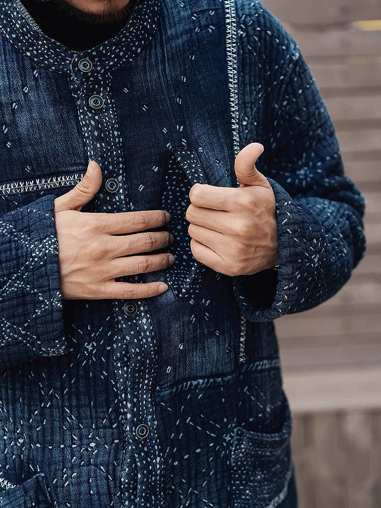 Indigo Dye Patchwork Sashiko Heavyweight Collarless Coat