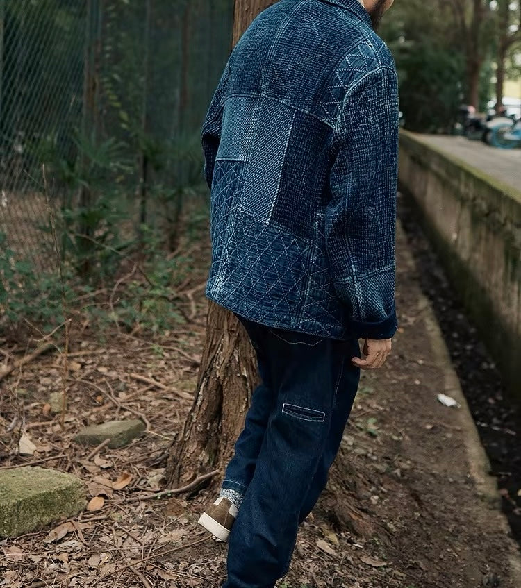 Indigo Dye Patchwork Sashiko Kendo Coat - Dark Blue