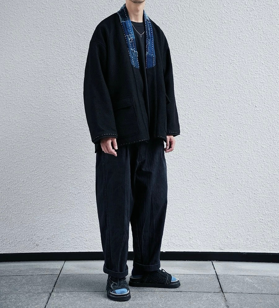 Indigo Dye Sashiko Patchwork Woolen Haori Jacket