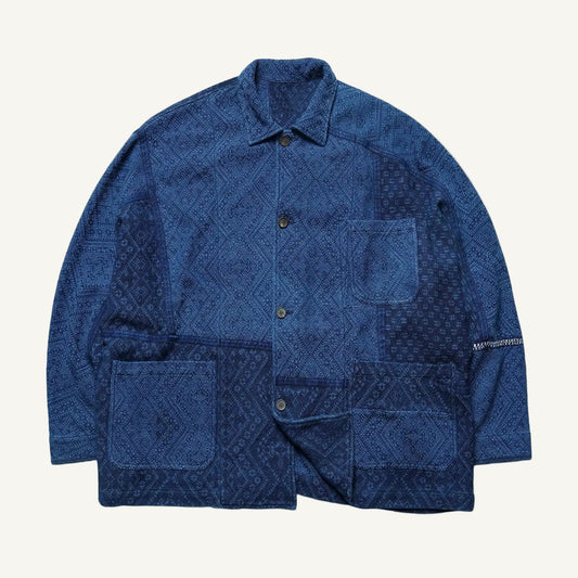 Indigo Dye Double-Dyed Jacquard Patchwork Work Jacket