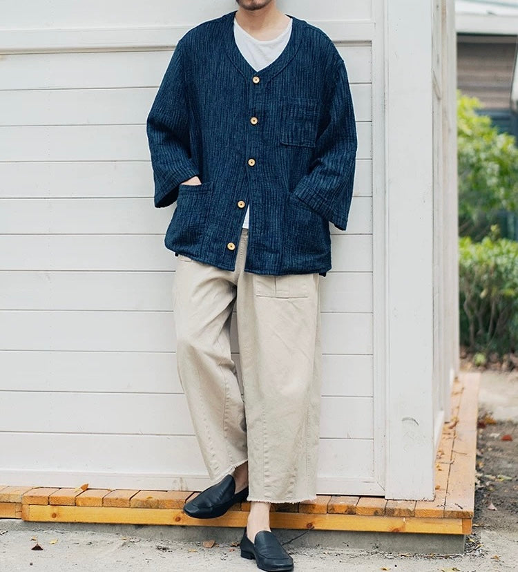 Indigo Dye Sashiko Reversible Baseball Shirt