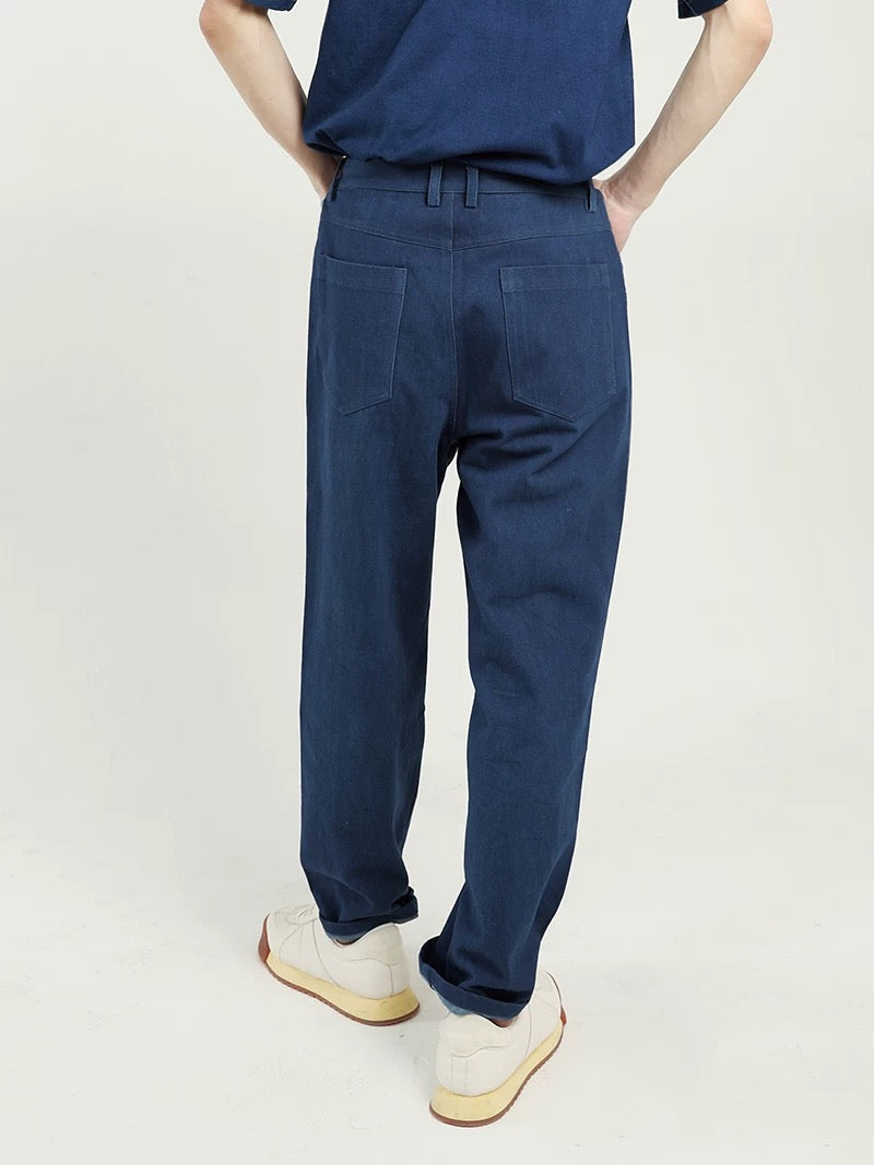 Indigo Dye Twill Sashiko Cropped Pants