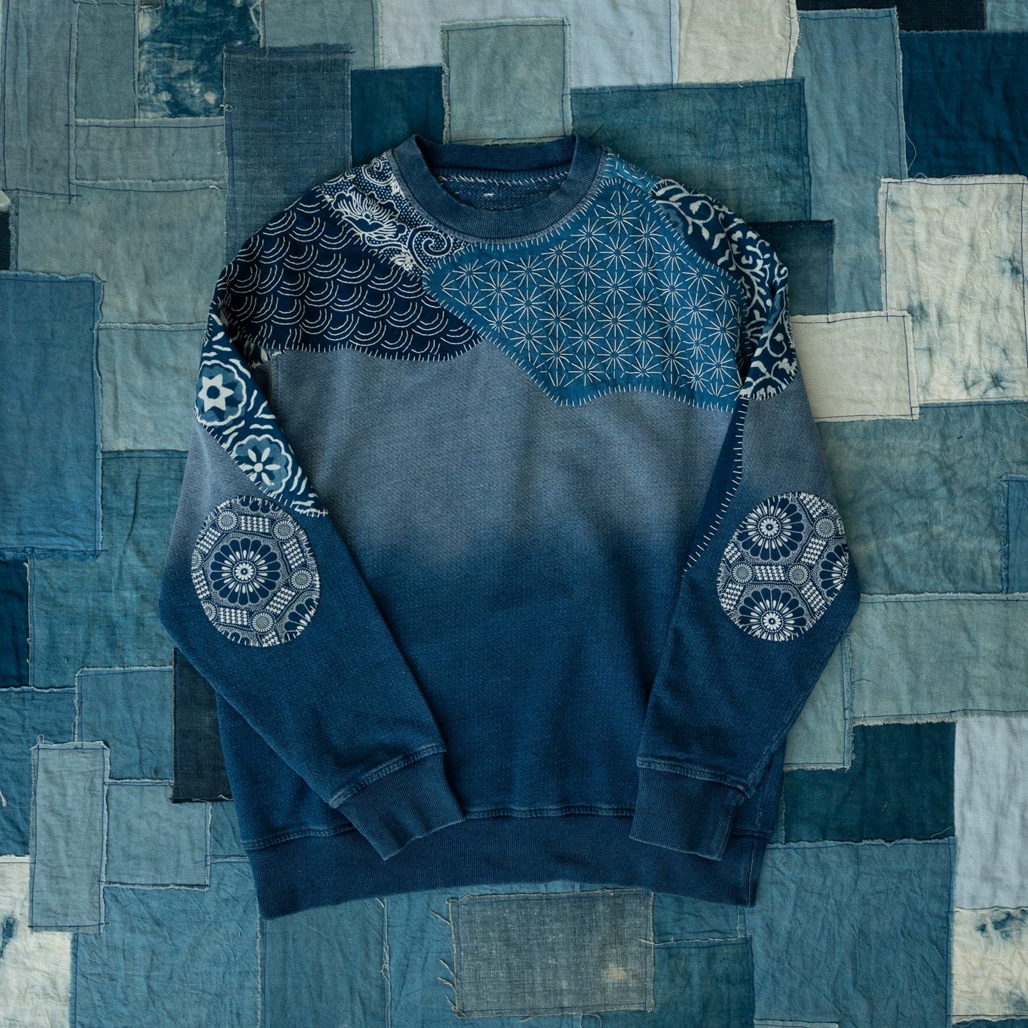 Indigo Dye Patchwork Sashiko Sweatshirt