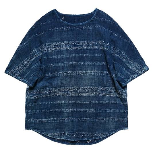 Indigo Dye Sashiko Striped T-Shirt