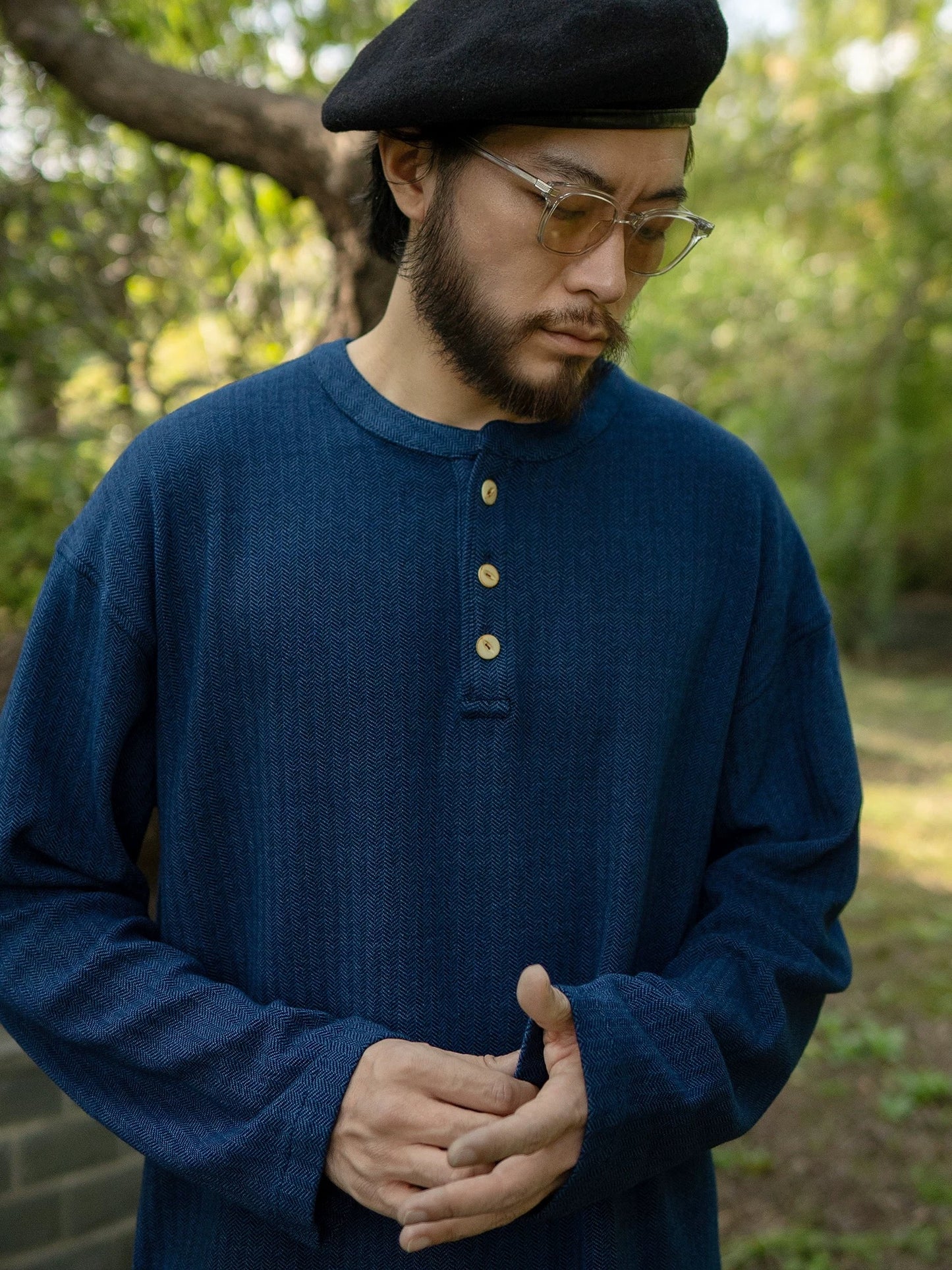 Indigo Dye Knit Henley Long Sleeve T-Shirt