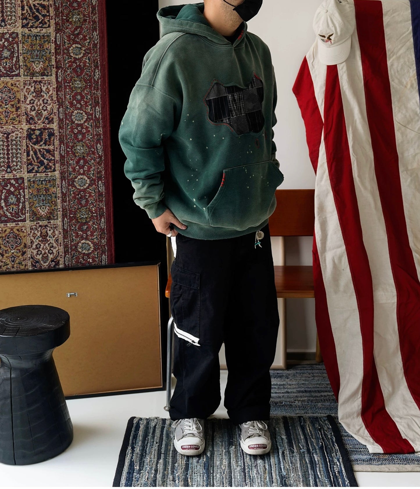 Green Sashiko Map Patchwork Hoodie
