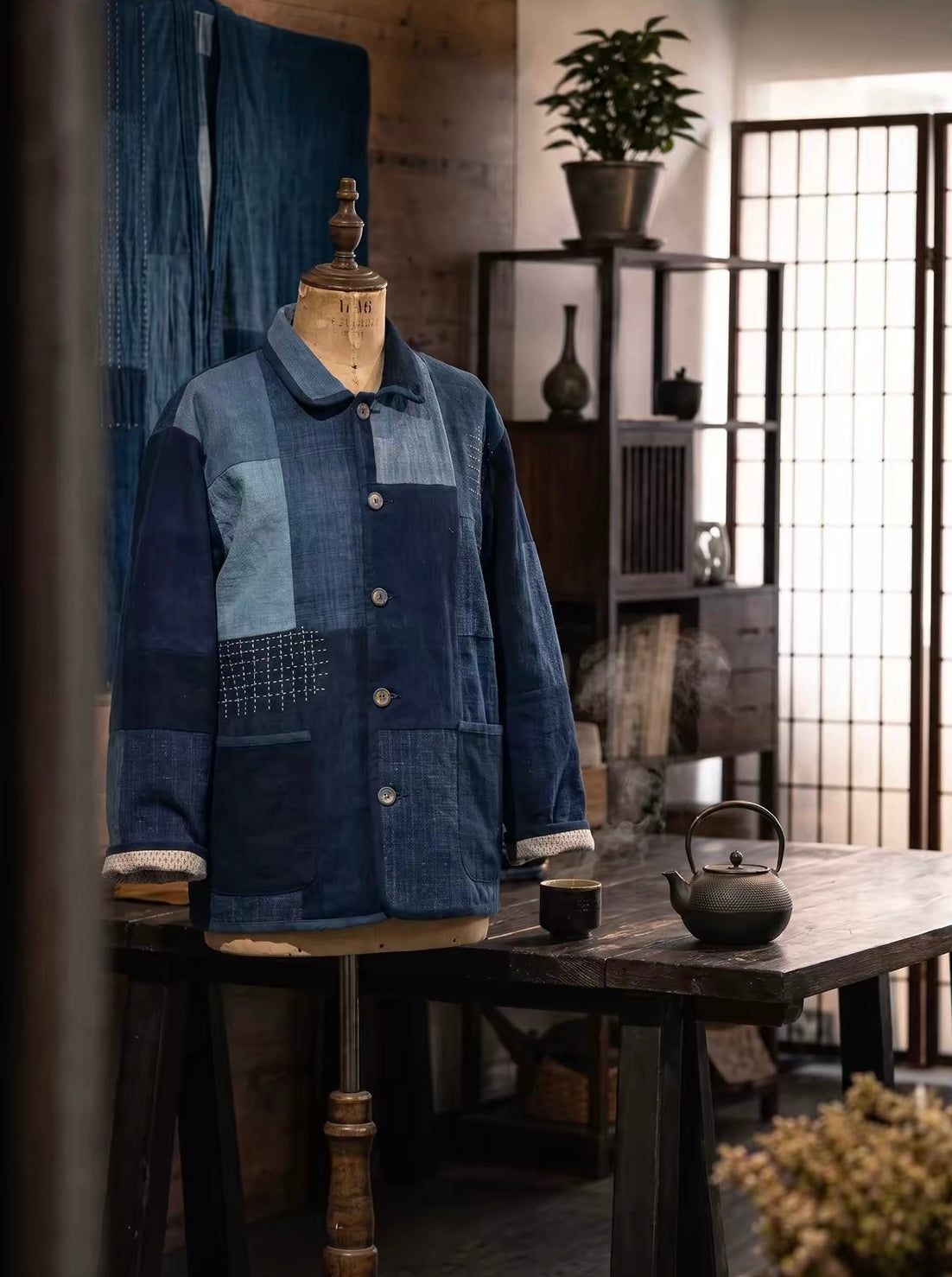 Indigo Dye Boro Patchwork Sashiko Chore Jacket