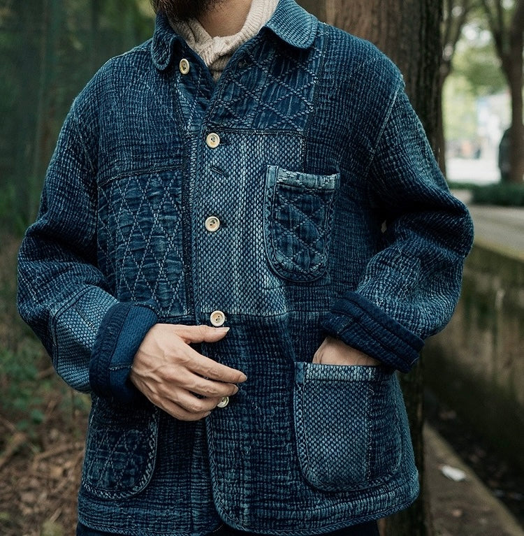 Indigo Dye Patchwork Sashiko Kendo Coat - Dark Blue