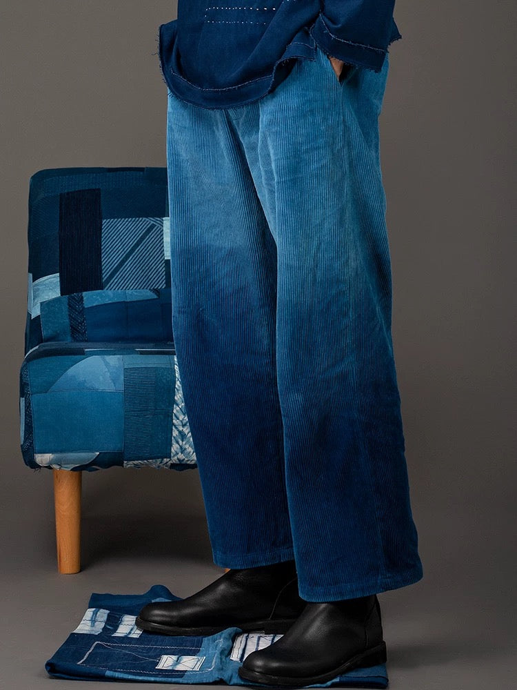 Indigo Dip Dye Faded Corduroy Pants