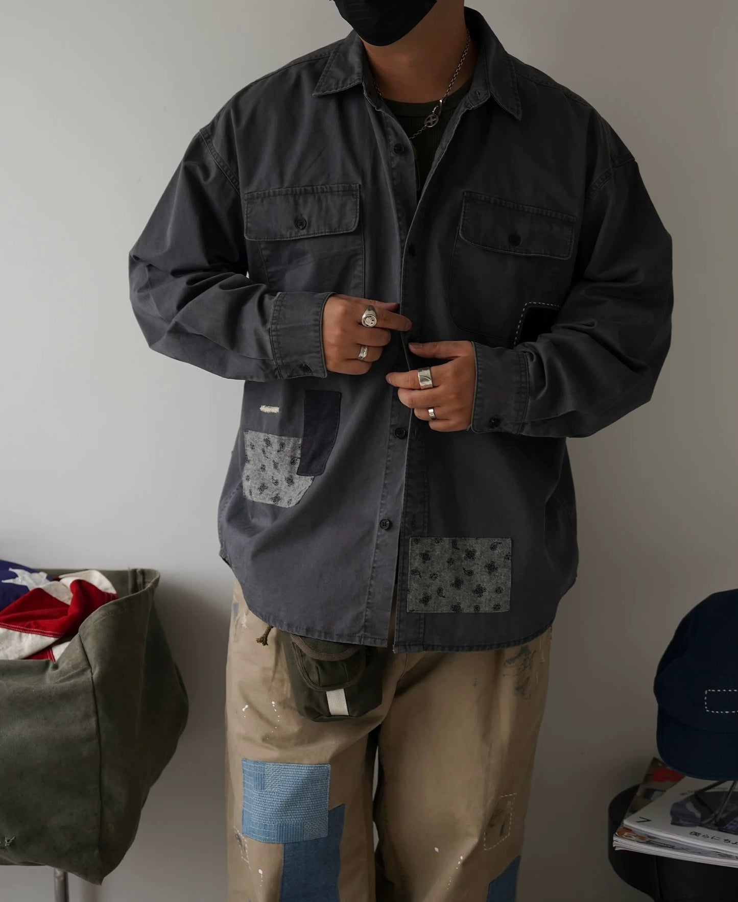 Washed Sashiko Patchwork Long Shirt