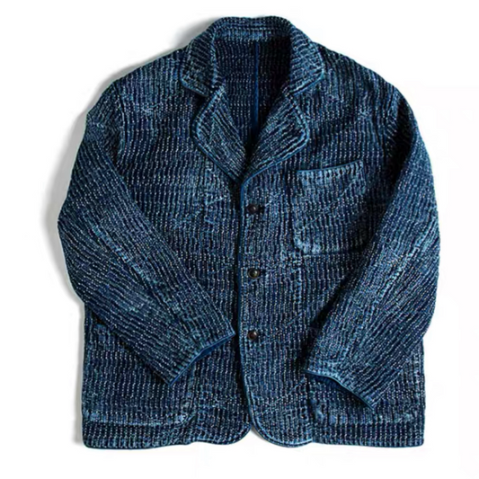 Indigo Dye Sashiko Blazer Casual Jacket - Mid Blue