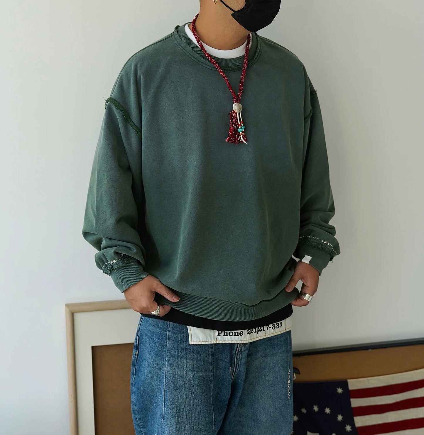 Washed Green Sashiko Distressed Sweatshirt