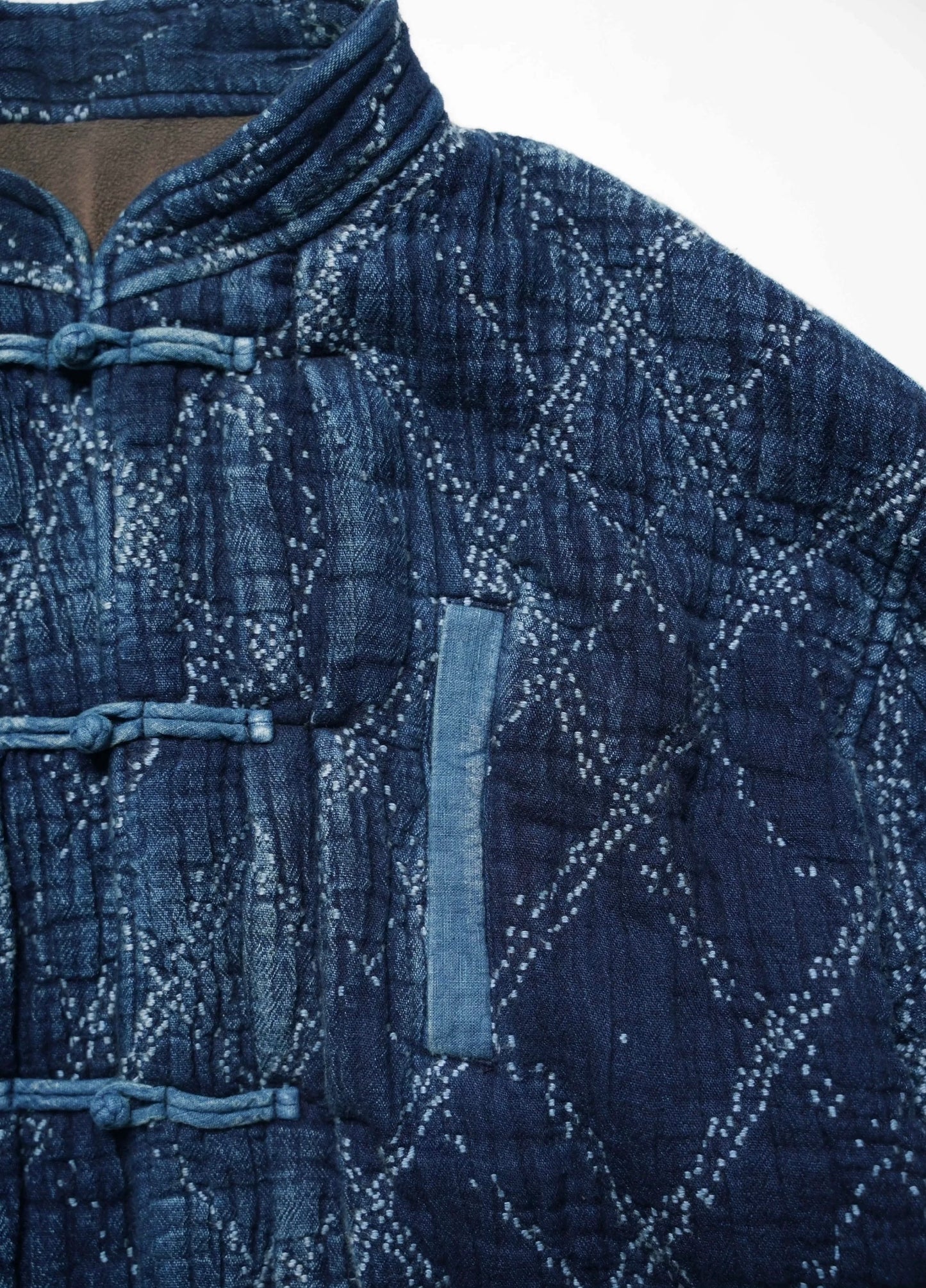 Indigo Dye Heavyweight Checked Sashiko Chinese Coat