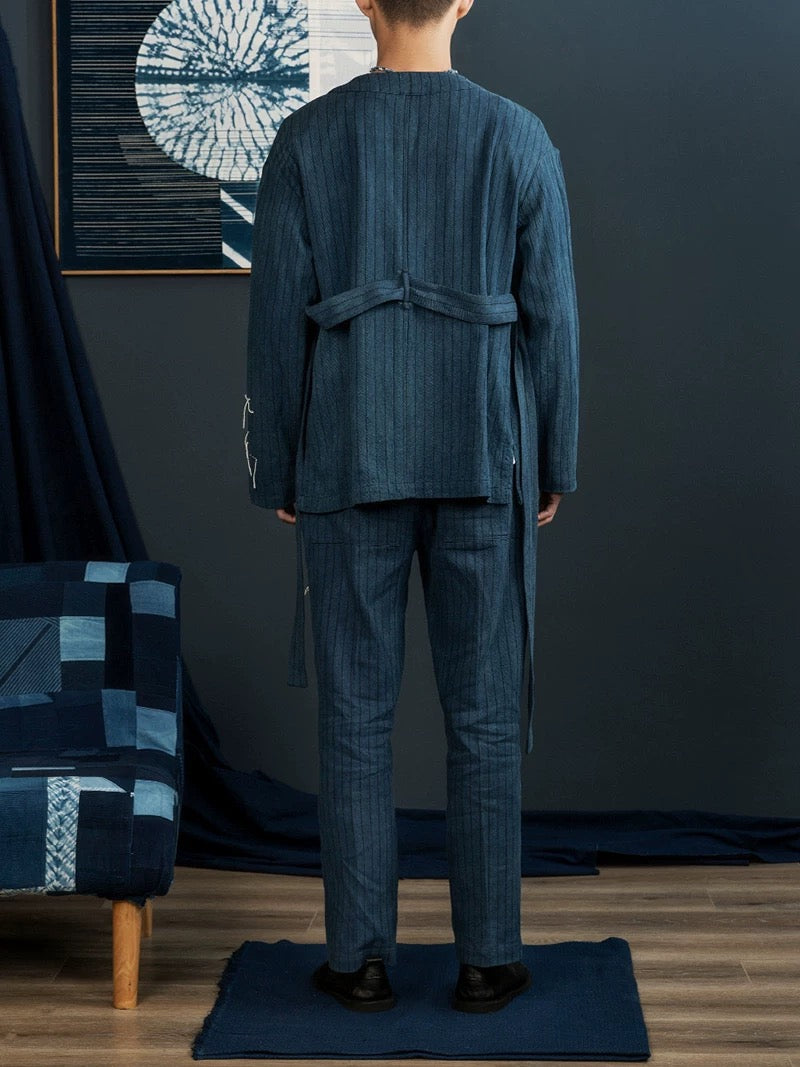 Indigo Dye Sashiko Striped Pants