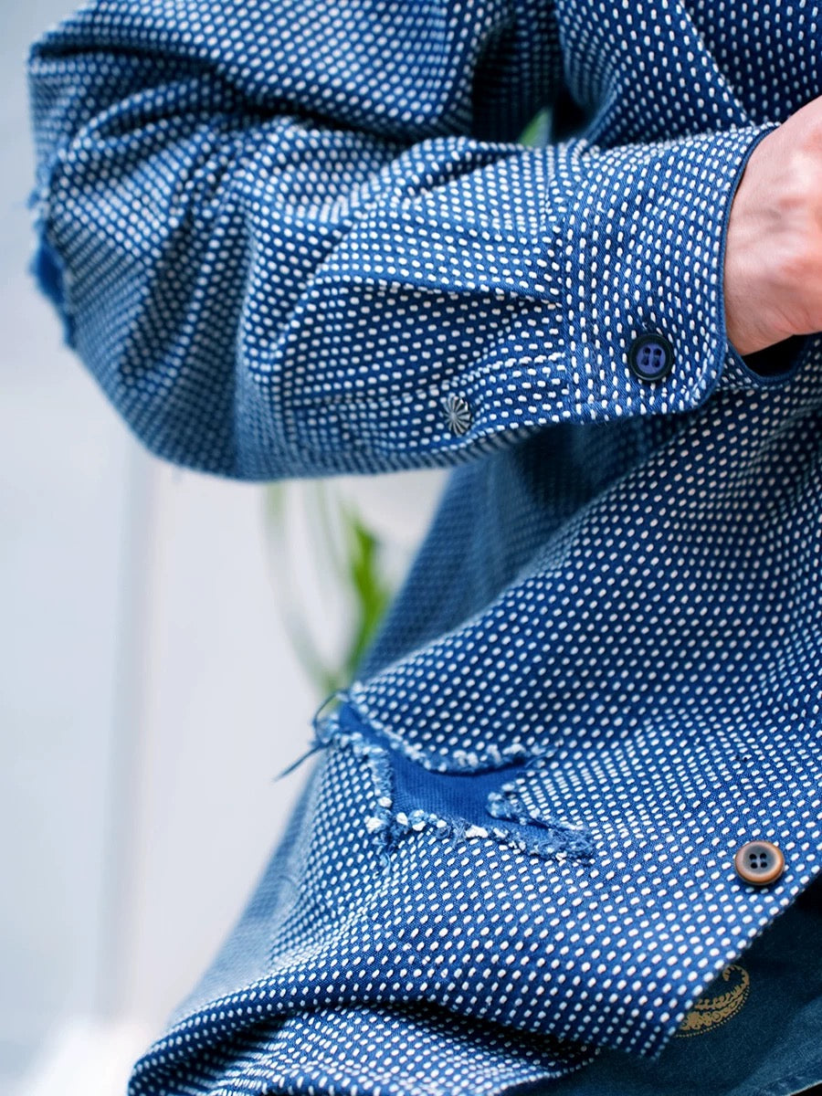 Indigo Dye Distressed Sashiko Worker Shirt