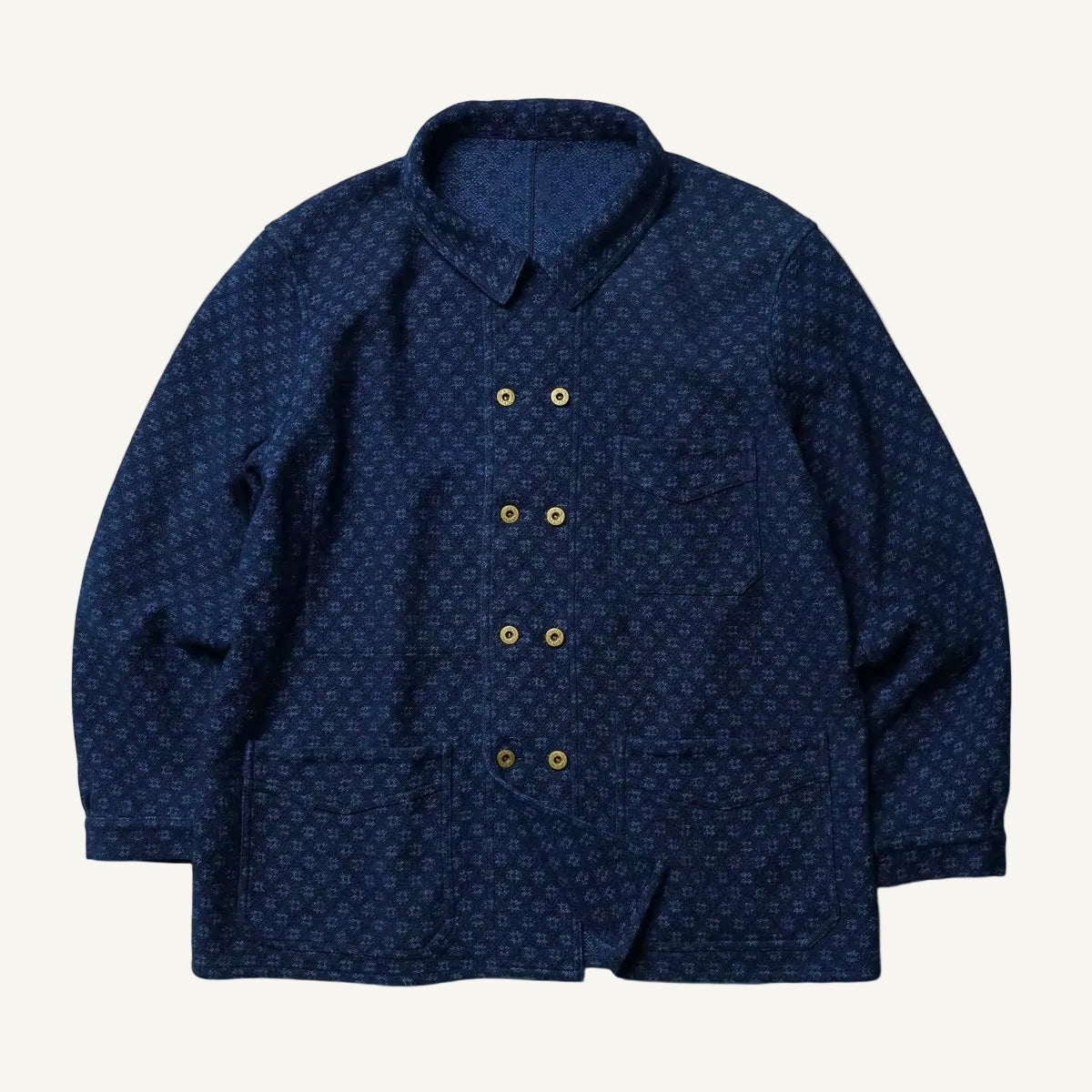 Indigo Dye Octagonal Jacquard Double-Breasted Work Jacket