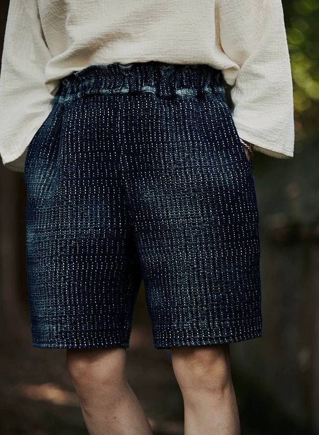 Indigo Dye Sashiko Elastic Waist Shorts