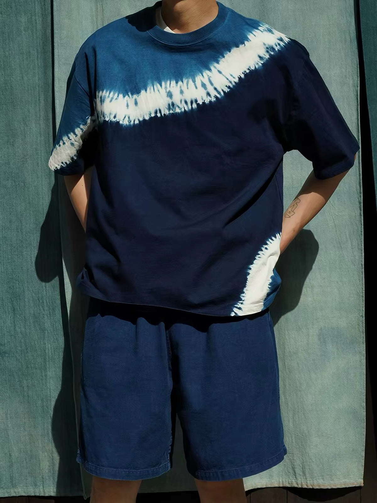 Indigo Shibori Wave Diagonal Tie Dye Tee