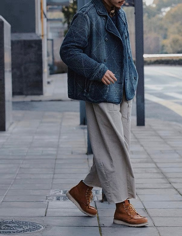 Indigo Dye Sashiko Double-Breasted Coat