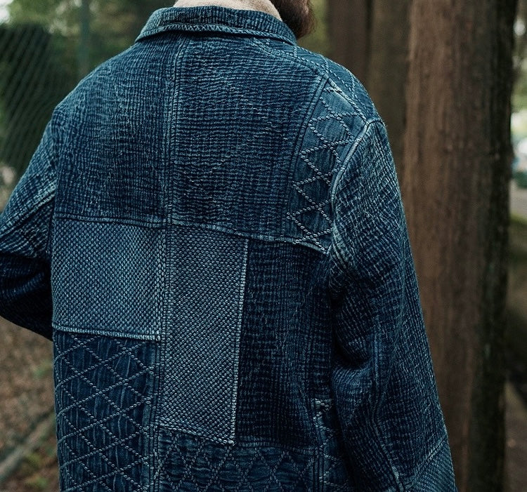 Indigo Dye Patchwork Sashiko Kendo Coat - Dark Blue