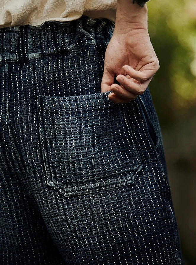 Indigo Dye Sashiko Elastic Waist Shorts