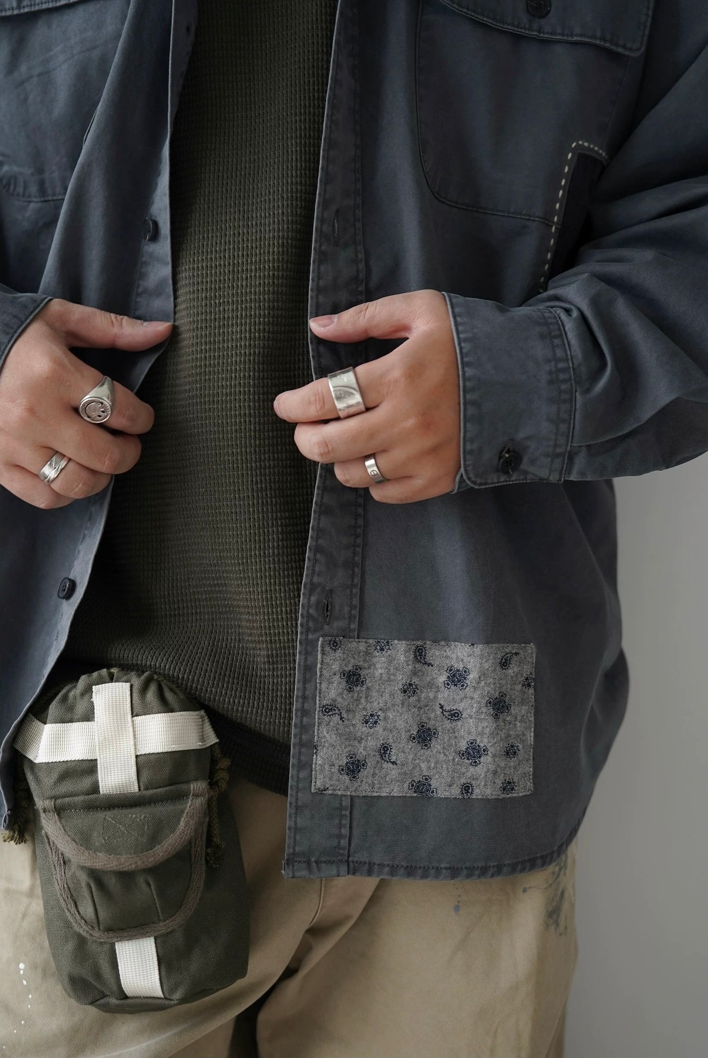 Washed Sashiko Patchwork Long Shirt