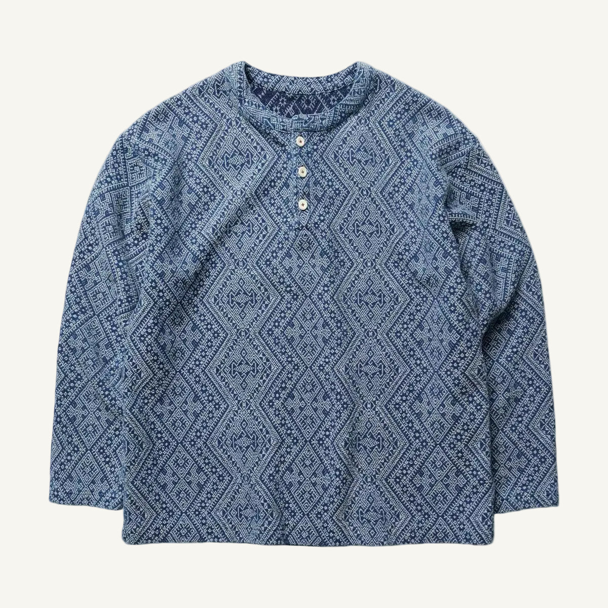 Indigo Dye Geometric Jacquard Henley Tee