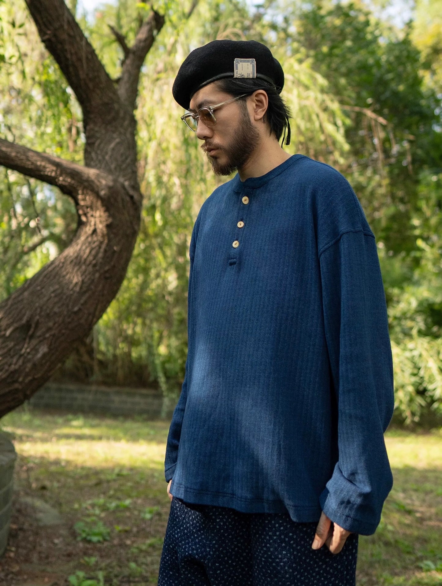 Indigo Dye Knit Henley Long Sleeve T-Shirt