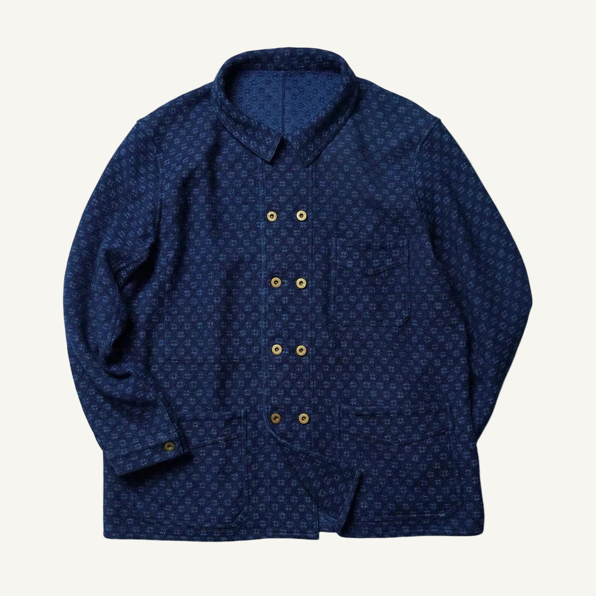 Indigo Dye Octagonal Jacquard Double-Breasted Work Jacket