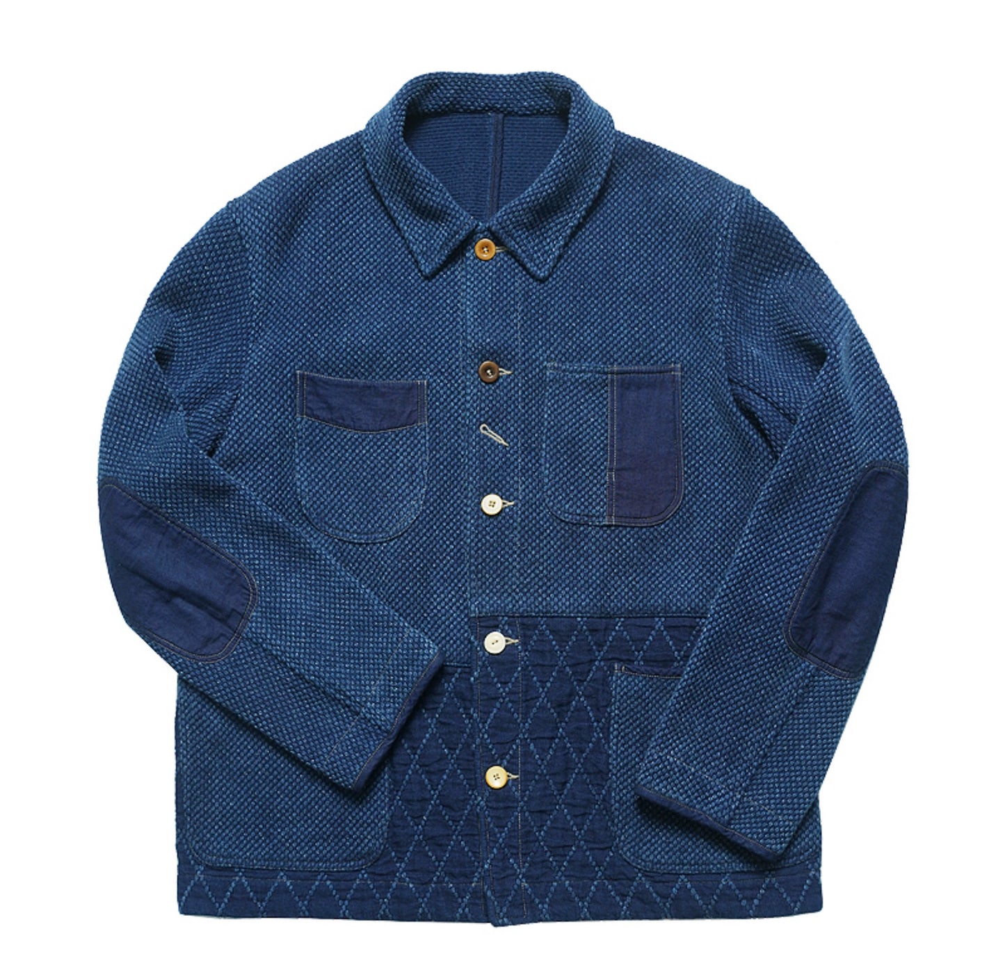 Indigo Dye Patchwork Sashiko 4 Pockets Worker Coat