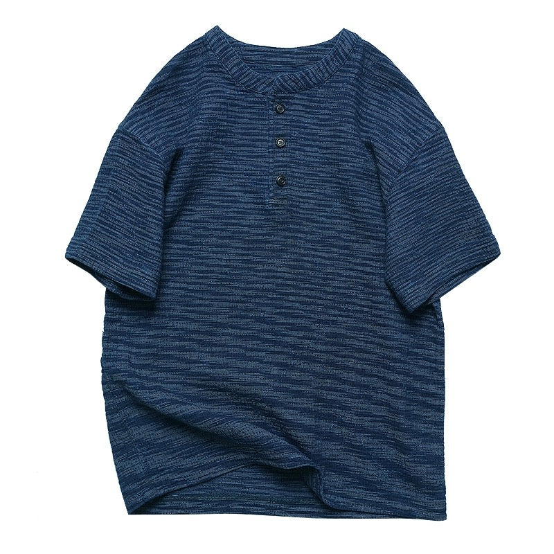 Indigo Dye Sashiko Kasuri Henley T-Shirt