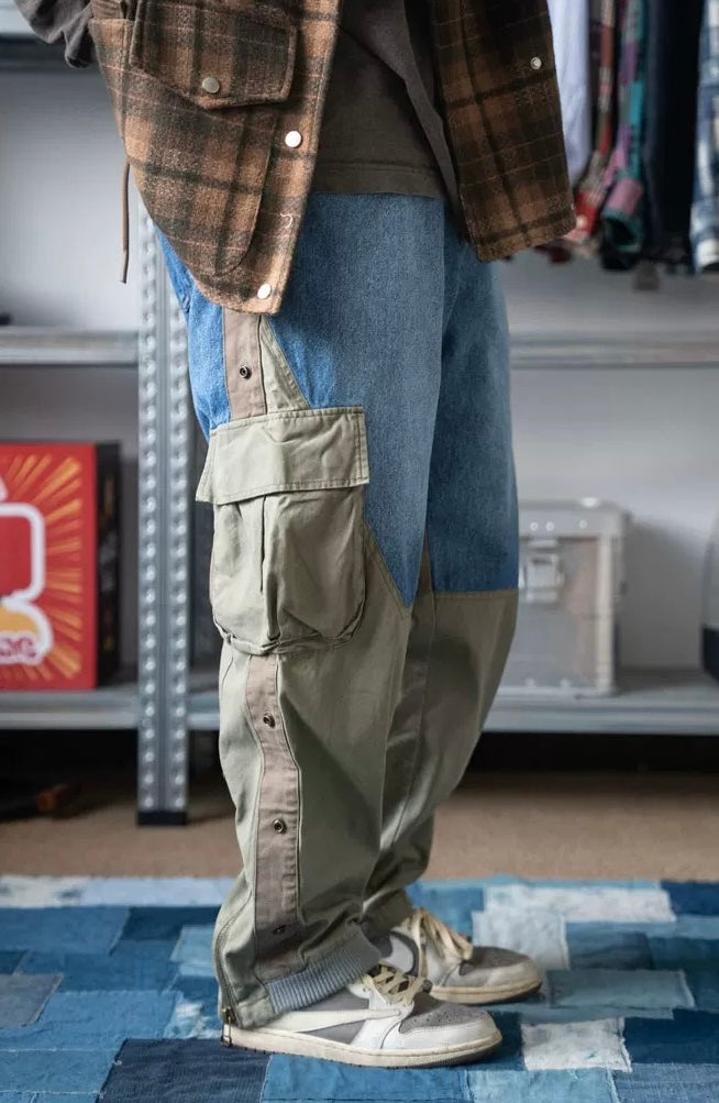 Military Green Patchwork Worker Pants