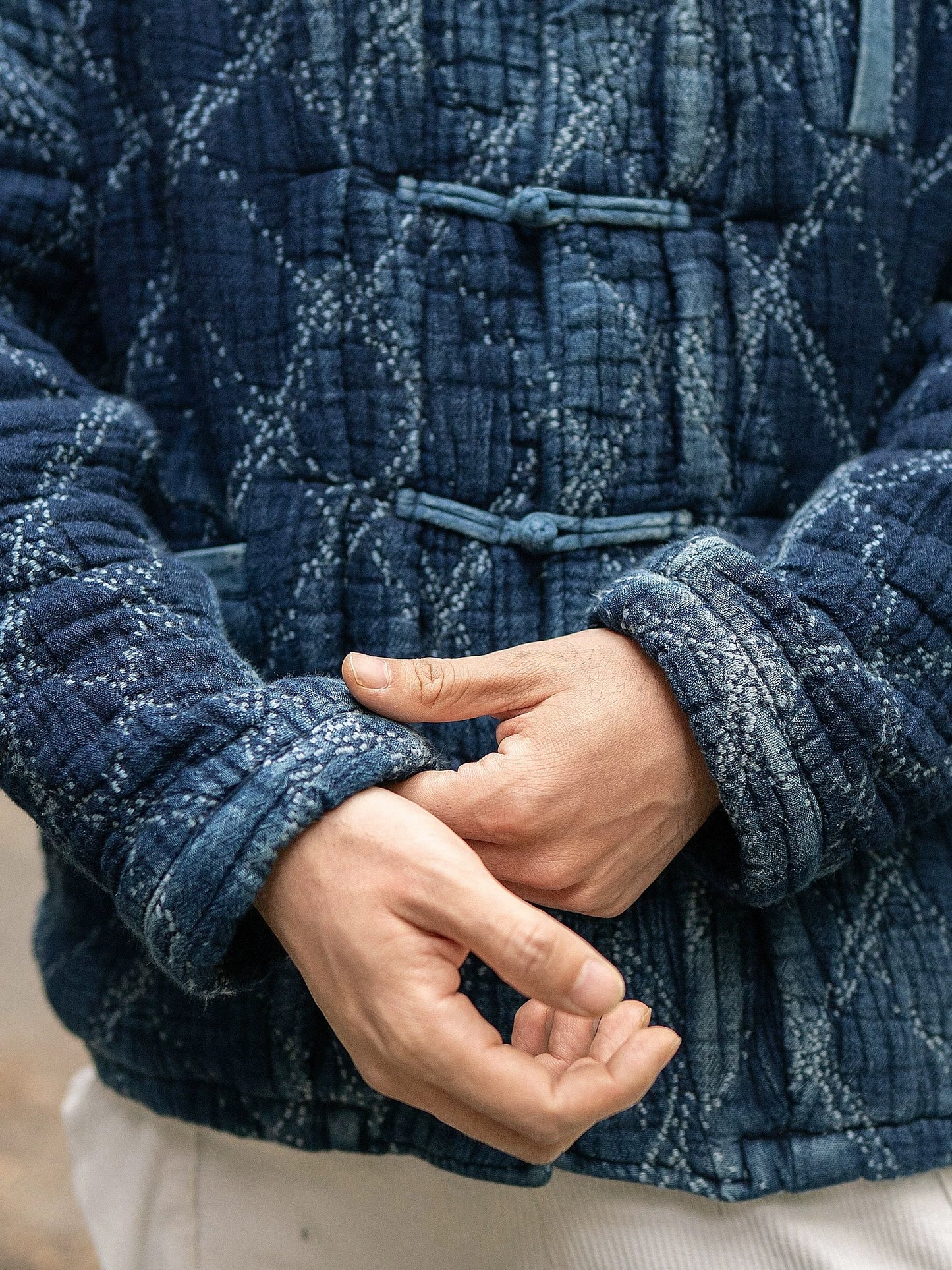 Indigo Dye Heavyweight Checked Sashiko Chinese Coat