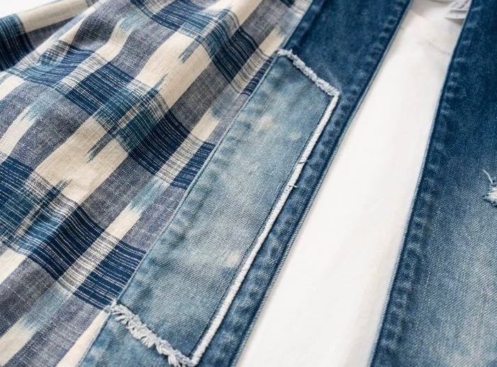 Checked Denim Patchwork Noragi Jacket