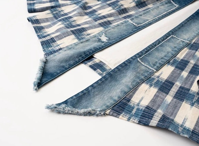 Checked Denim Patchwork Noragi Jacket